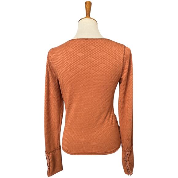 Free People Long Sleeve Crossover Button Gathered Orange Penny Top Size Large - Picture 6 of 8